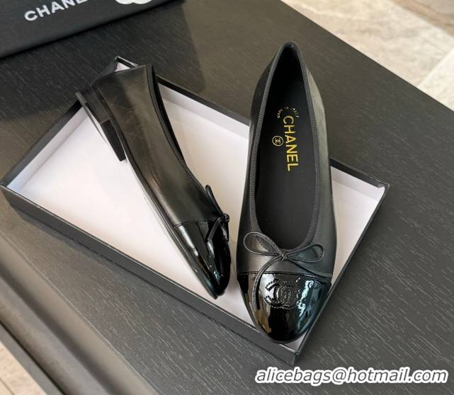 Good Quality Chanel Classic Quilted CC Lambskin & Patent Calfskin Ballet Flats with Bow Black 50901014