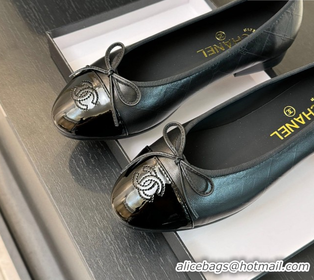 Good Quality Chanel Classic Quilted CC Lambskin & Patent Calfskin Ballet Flats with Bow Black 50901014