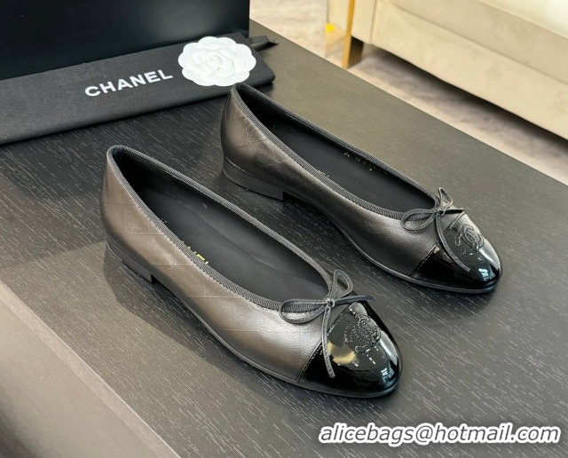 Good Quality Chanel Classic Quilted CC Lambskin & Patent Calfskin Ballet Flats with Bow Black 50901014