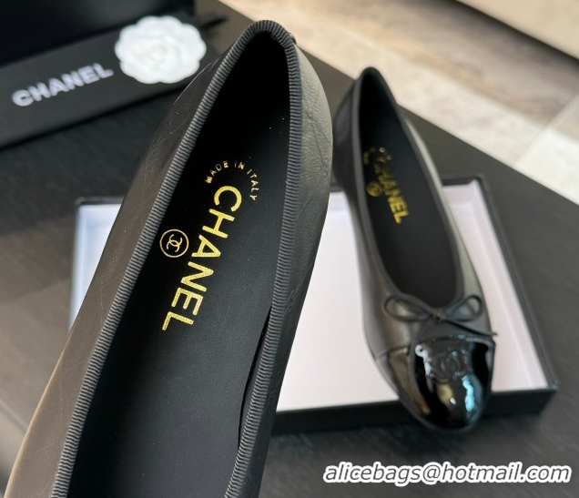 Good Quality Chanel Classic Quilted CC Lambskin & Patent Calfskin Ballet Flats with Bow Black 50901014