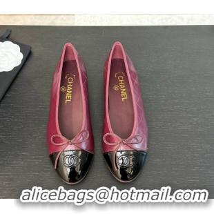 Grade Quality Chanel Classic Quilted CC Lambskin & Patent Calfskin Ballet Flats with Bow Burgundy 50901013
