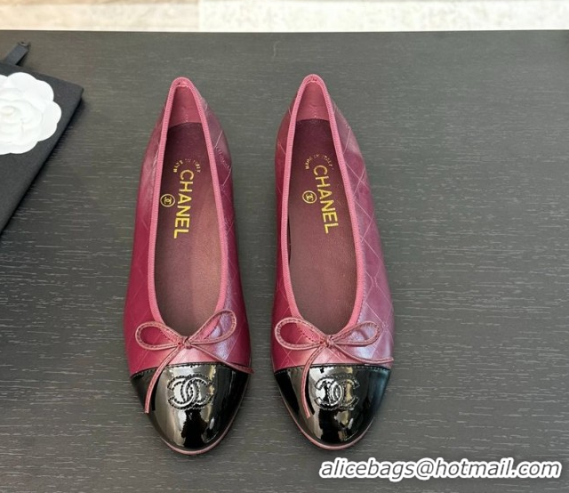 Grade Quality Chanel Classic Quilted CC Lambskin & Patent Calfskin Ballet Flats with Bow Burgundy 50901013