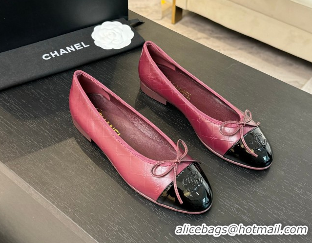 Grade Quality Chanel Classic Quilted CC Lambskin & Patent Calfskin Ballet Flats with Bow Burgundy 50901013
