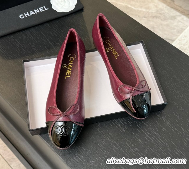 Grade Quality Chanel Classic Quilted CC Lambskin & Patent Calfskin Ballet Flats with Bow Burgundy 50901013