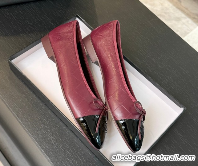 Grade Quality Chanel Classic Quilted CC Lambskin & Patent Calfskin Ballet Flats with Bow Burgundy 50901013