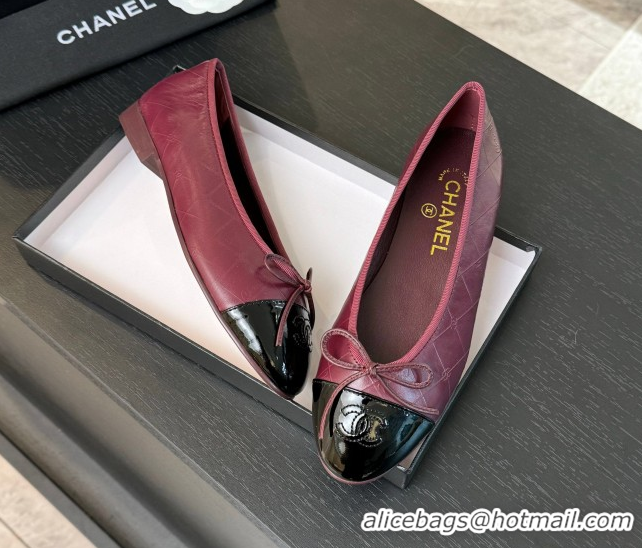 Grade Quality Chanel Classic Quilted CC Lambskin & Patent Calfskin Ballet Flats with Bow Burgundy 50901013