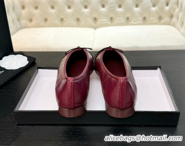 Grade Quality Chanel Classic Quilted CC Lambskin & Patent Calfskin Ballet Flats with Bow Burgundy 50901013