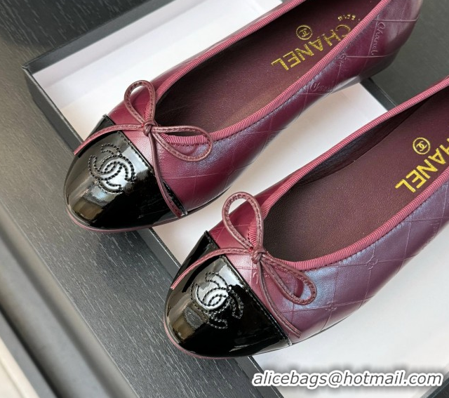 Grade Quality Chanel Classic Quilted CC Lambskin & Patent Calfskin Ballet Flats with Bow Burgundy 50901013