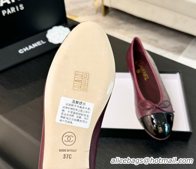 Grade Quality Chanel Classic Quilted CC Lambskin & Patent Calfskin Ballet Flats with Bow Burgundy 50901013