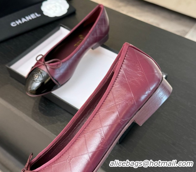 Grade Quality Chanel Classic Quilted CC Lambskin & Patent Calfskin Ballet Flats with Bow Burgundy 50901013