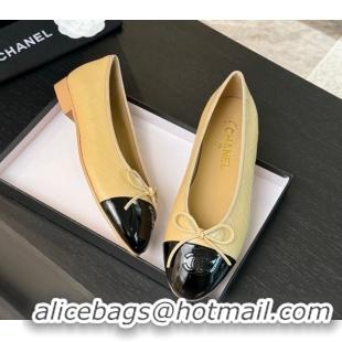 Modern Chanel Classic Quilted CC Lambskin & Patent Calfskin Ballet Flats with Bow Beige Yellow 0901015