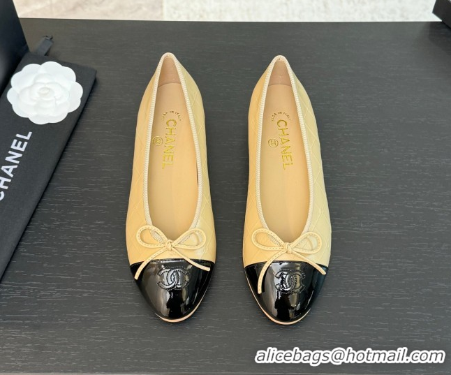 Modern Chanel Classic Quilted CC Lambskin & Patent Calfskin Ballet Flats with Bow Beige Yellow 0901015