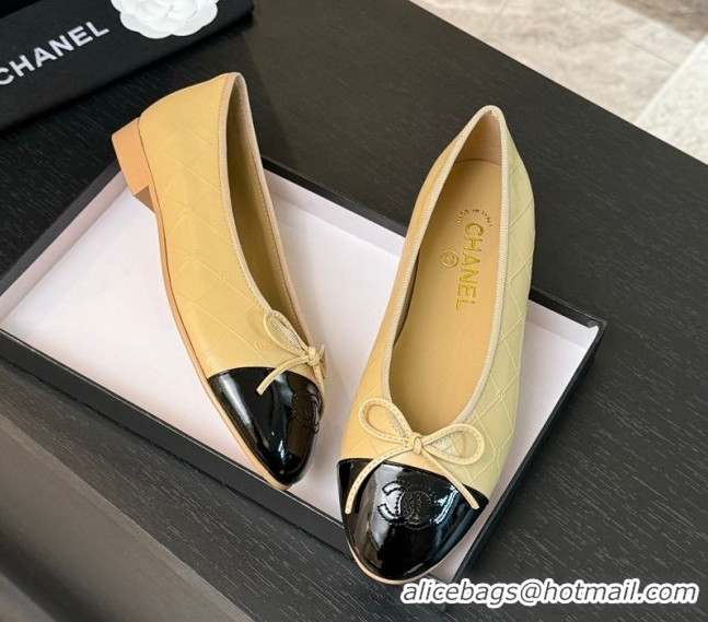Modern Chanel Classic Quilted CC Lambskin & Patent Calfskin Ballet Flats with Bow Beige Yellow 0901015