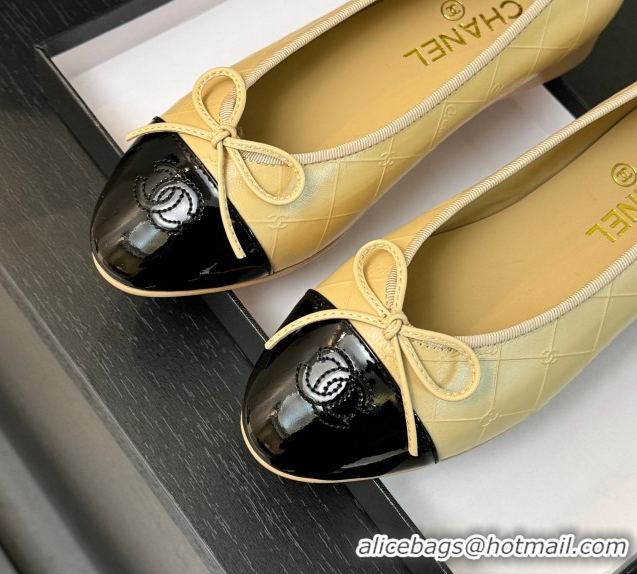 Modern Chanel Classic Quilted CC Lambskin & Patent Calfskin Ballet Flats with Bow Beige Yellow 0901015
