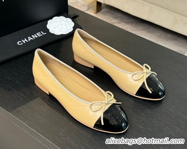 Modern Chanel Classic Quilted CC Lambskin & Patent Calfskin Ballet Flats with Bow Beige Yellow 0901015