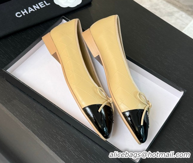 Modern Chanel Classic Quilted CC Lambskin & Patent Calfskin Ballet Flats with Bow Beige Yellow 0901015