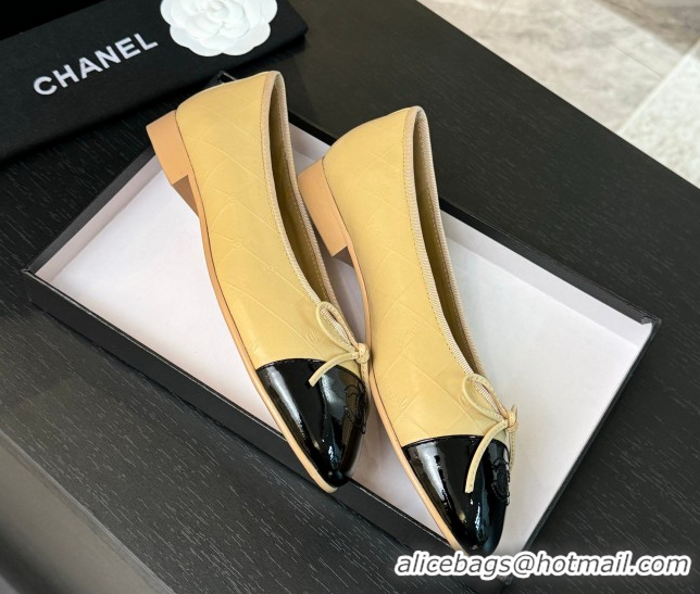 Modern Chanel Classic Quilted CC Lambskin & Patent Calfskin Ballet Flats with Bow Beige Yellow 0901015