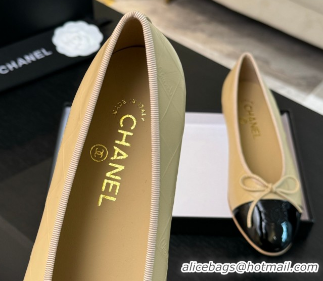 Modern Chanel Classic Quilted CC Lambskin & Patent Calfskin Ballet Flats with Bow Beige Yellow 0901015