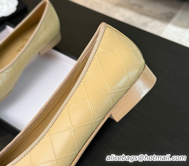 Modern Chanel Classic Quilted CC Lambskin & Patent Calfskin Ballet Flats with Bow Beige Yellow 0901015