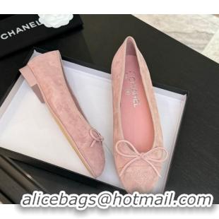 Top Design Chanel Classic Suede Ballet Flats with Bow Pink 0901017