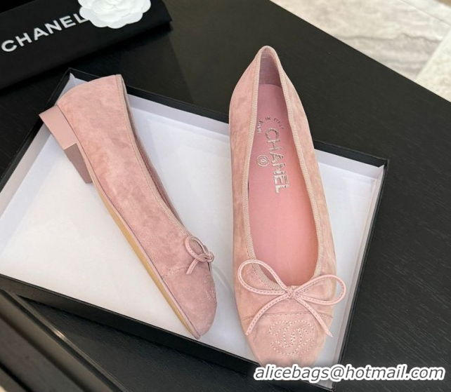 Top Design Chanel Classic Suede Ballet Flats with Bow Pink 0901017