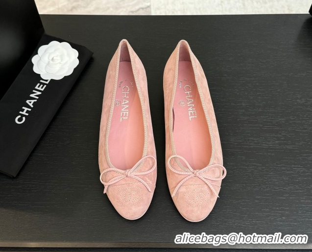 Top Design Chanel Classic Suede Ballet Flats with Bow Pink 0901017