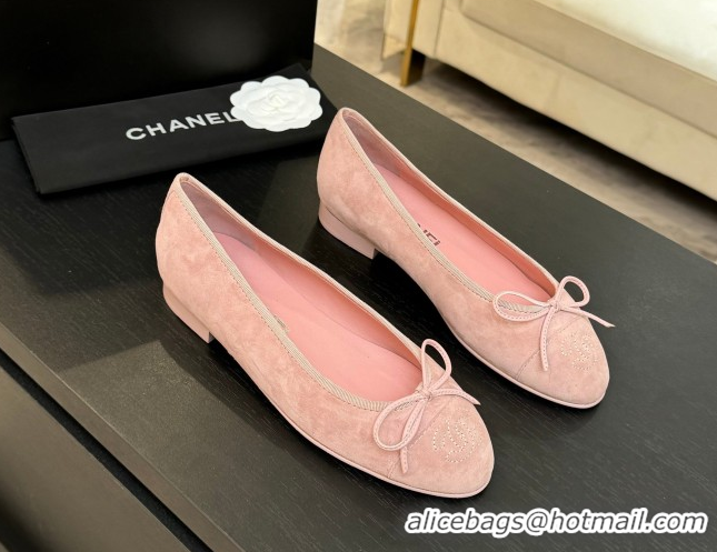 Top Design Chanel Classic Suede Ballet Flats with Bow Pink 0901017