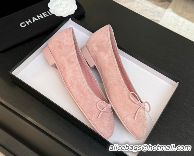 Top Design Chanel Classic Suede Ballet Flats with Bow Pink 0901017