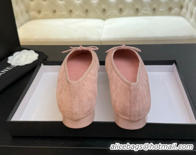 Top Design Chanel Classic Suede Ballet Flats with Bow Pink 0901017