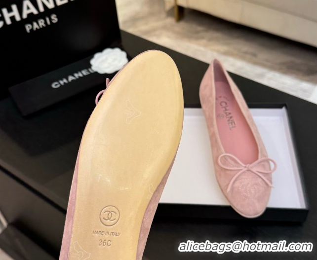 Top Design Chanel Classic Suede Ballet Flats with Bow Pink 0901017