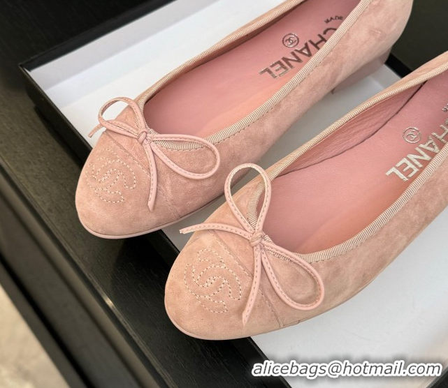 Top Design Chanel Classic Suede Ballet Flats with Bow Pink 0901017