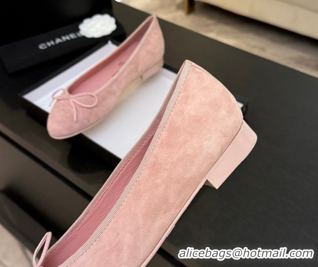 Top Design Chanel Classic Suede Ballet Flats with Bow Pink 0901017