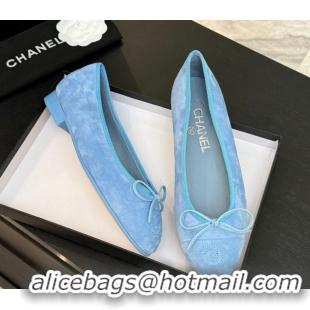 Low Price Chanel Classic Suede Ballet Flats with Bow Blue 0901019
