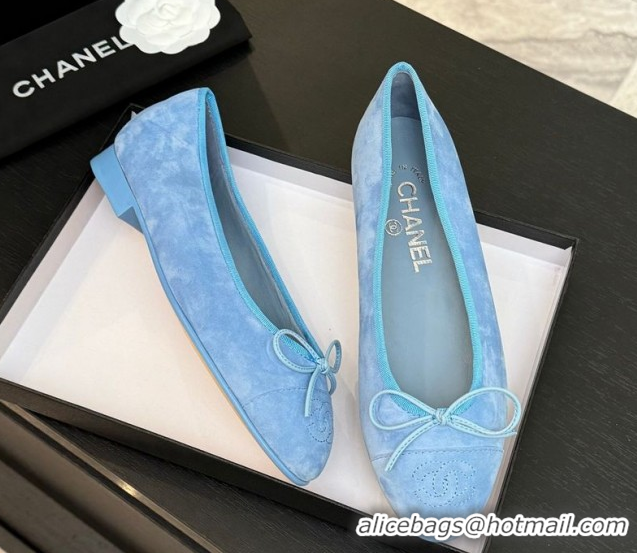 Low Price Chanel Classic Suede Ballet Flats with Bow Blue 0901019