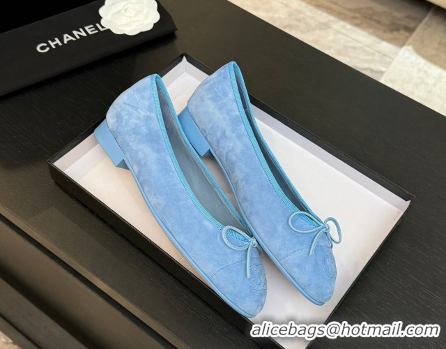 Low Price Chanel Classic Suede Ballet Flats with Bow Blue 0901019