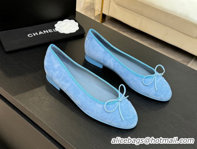 Low Price Chanel Classic Suede Ballet Flats with Bow Blue 0901019