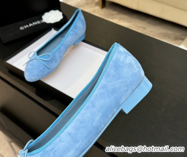 Low Price Chanel Classic Suede Ballet Flats with Bow Blue 0901019