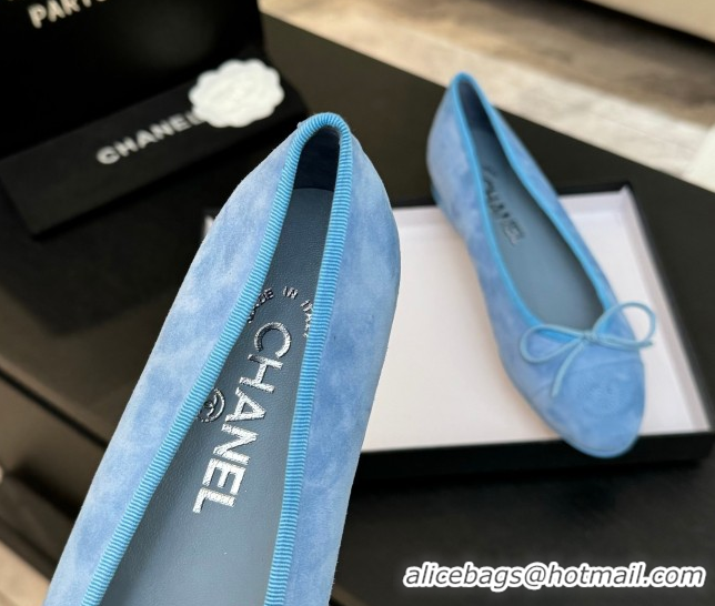 Low Price Chanel Classic Suede Ballet Flats with Bow Blue 0901019