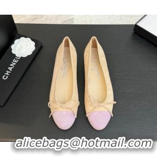 Best Price Chanel Classic Suede Ballet Flats with Bow Beige/Purple 0901020