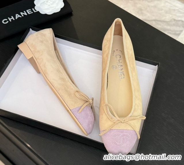 Best Price Chanel Classic Suede Ballet Flats with Bow Beige/Purple 0901020