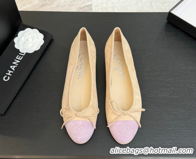 Best Price Chanel Classic Suede Ballet Flats with Bow Beige/Purple 0901020