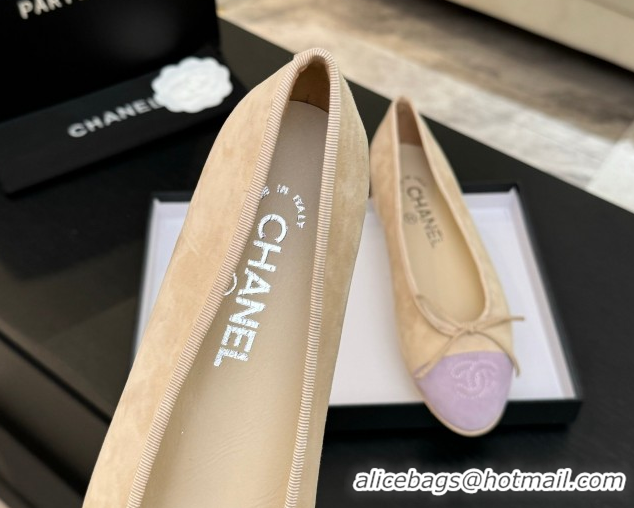 Best Price Chanel Classic Suede Ballet Flats with Bow Beige/Purple 0901020