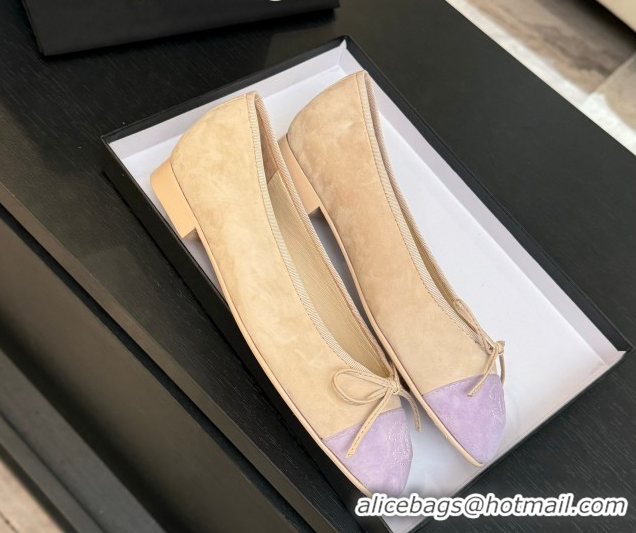 Best Price Chanel Classic Suede Ballet Flats with Bow Beige/Purple 0901020