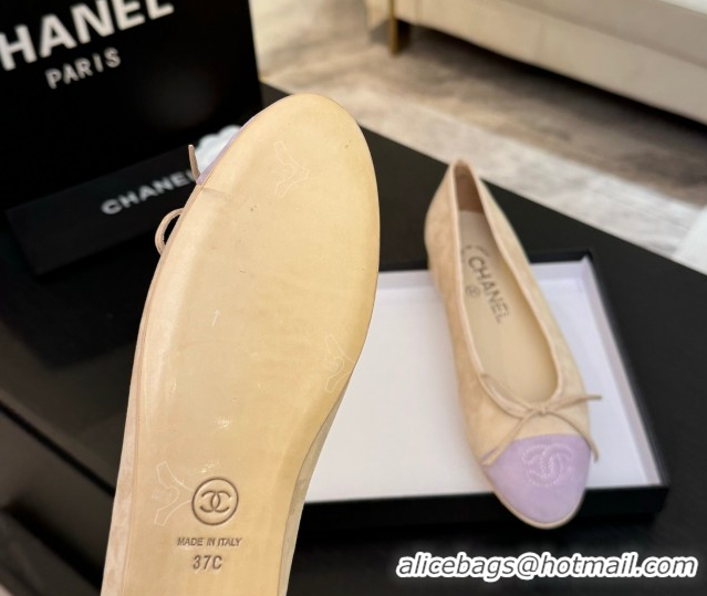 Best Price Chanel Classic Suede Ballet Flats with Bow Beige/Purple 0901020