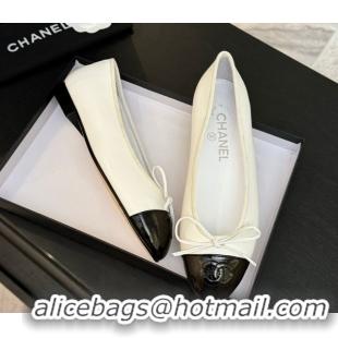 Expensive Chanel Classic Lambskin & Patent Calfskin Ballet Flats with Bow White 0901021