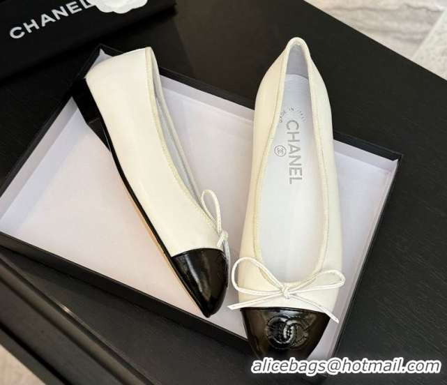 Expensive Chanel Classic Lambskin & Patent Calfskin Ballet Flats with Bow White 0901021