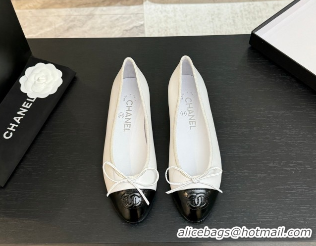 Expensive Chanel Classic Lambskin & Patent Calfskin Ballet Flats with Bow White 0901021