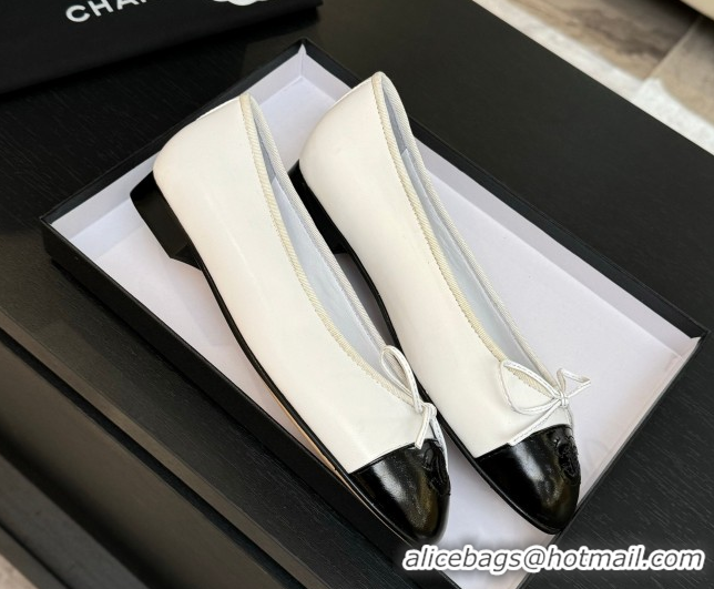 Expensive Chanel Classic Lambskin & Patent Calfskin Ballet Flats with Bow White 0901021