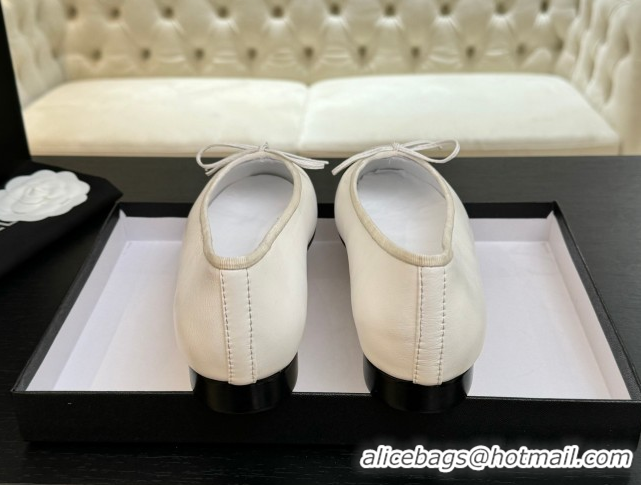 Expensive Chanel Classic Lambskin & Patent Calfskin Ballet Flats with Bow White 0901021