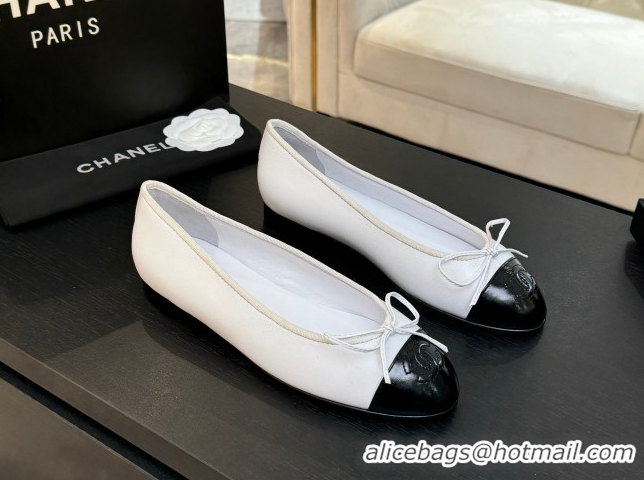 Expensive Chanel Classic Lambskin & Patent Calfskin Ballet Flats with Bow White 0901021